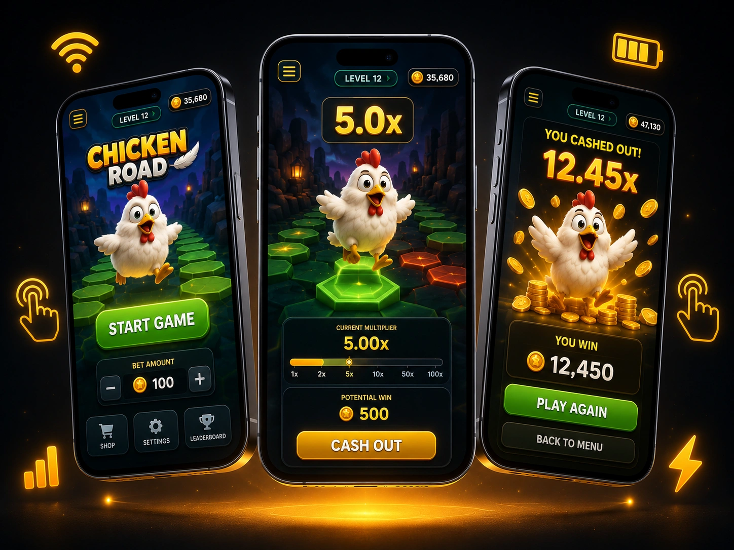 Chicken Road on mobile — three smartphones showing gameplay screens