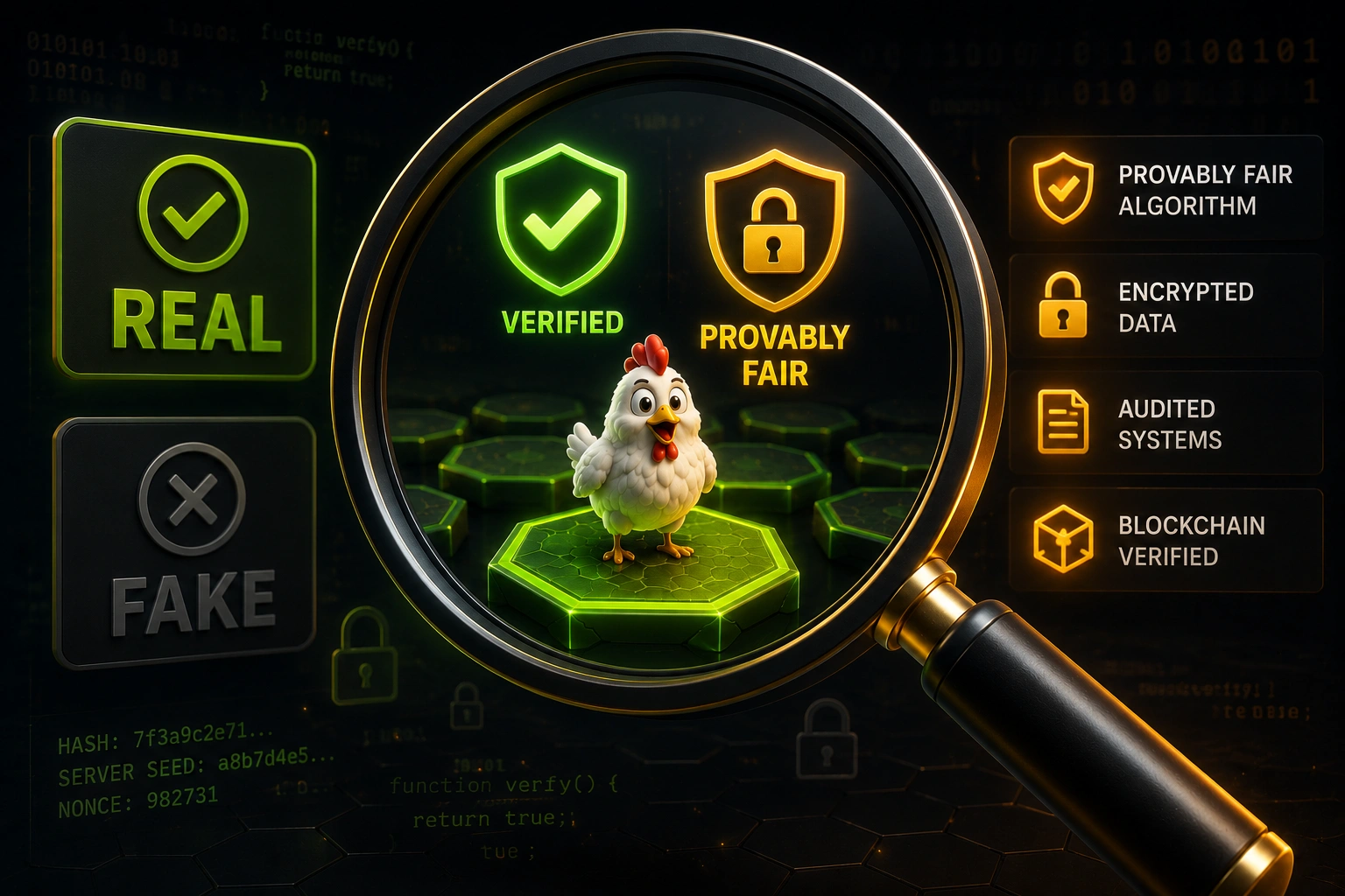 Chicken Road real or fake — magnifying glass over Provably Fair shield
