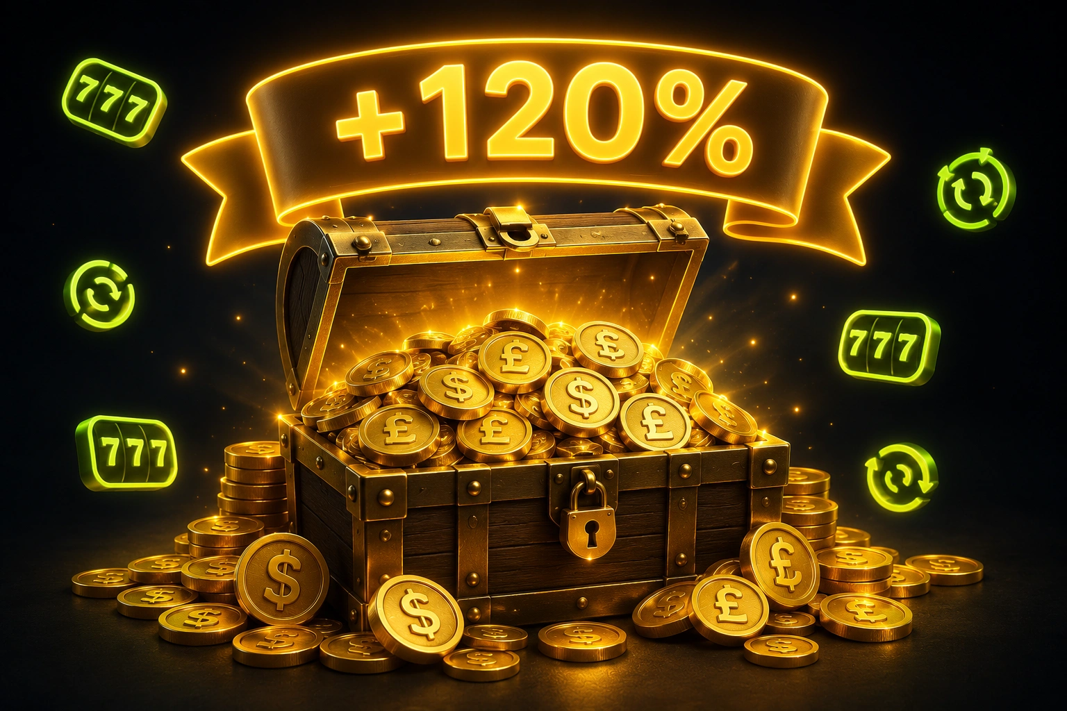 Treasure chest overflowing with gold coins — welcome bonus illustration