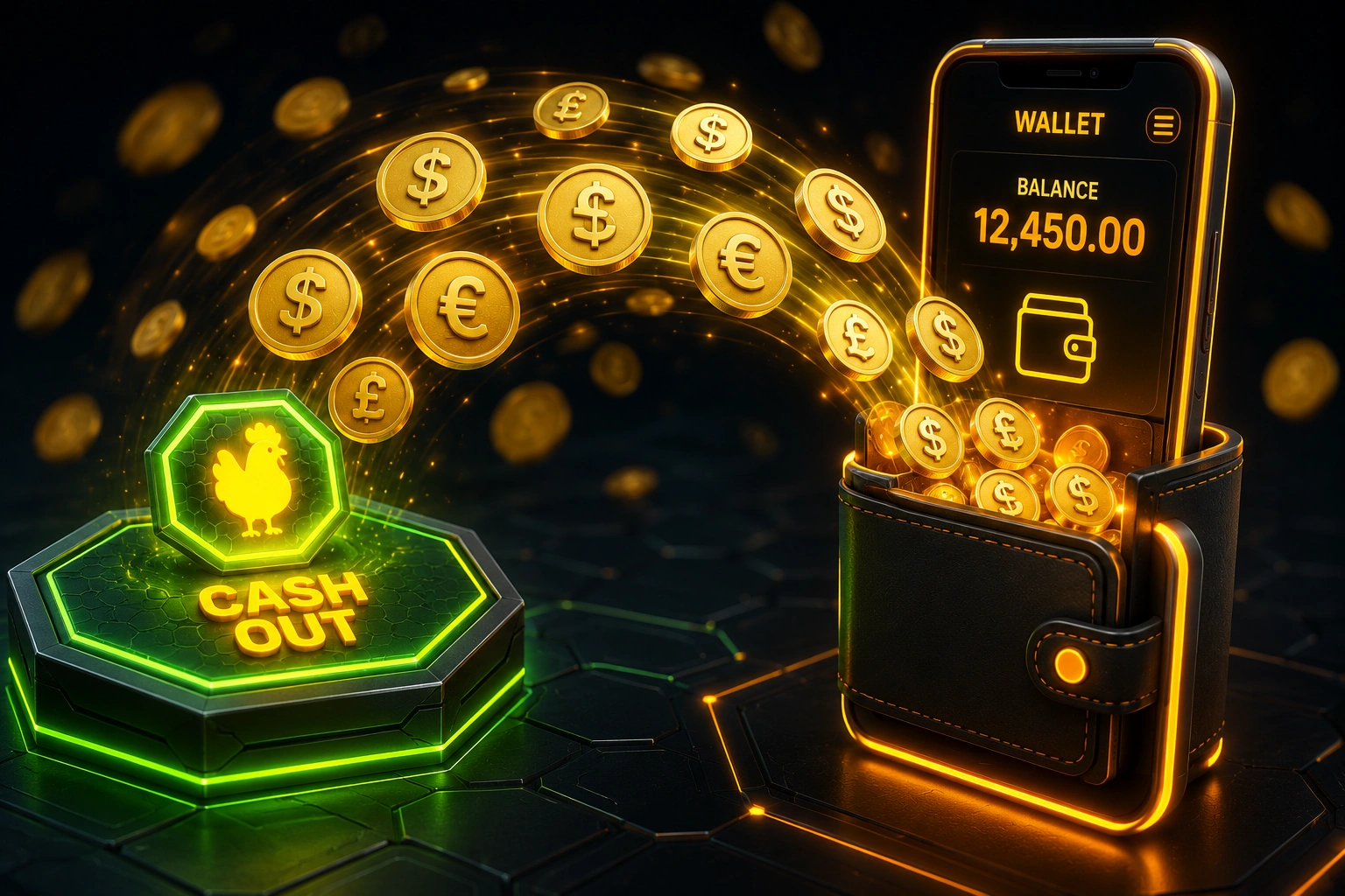 Chicken Road withdrawal — gold coins flowing into digital wallet